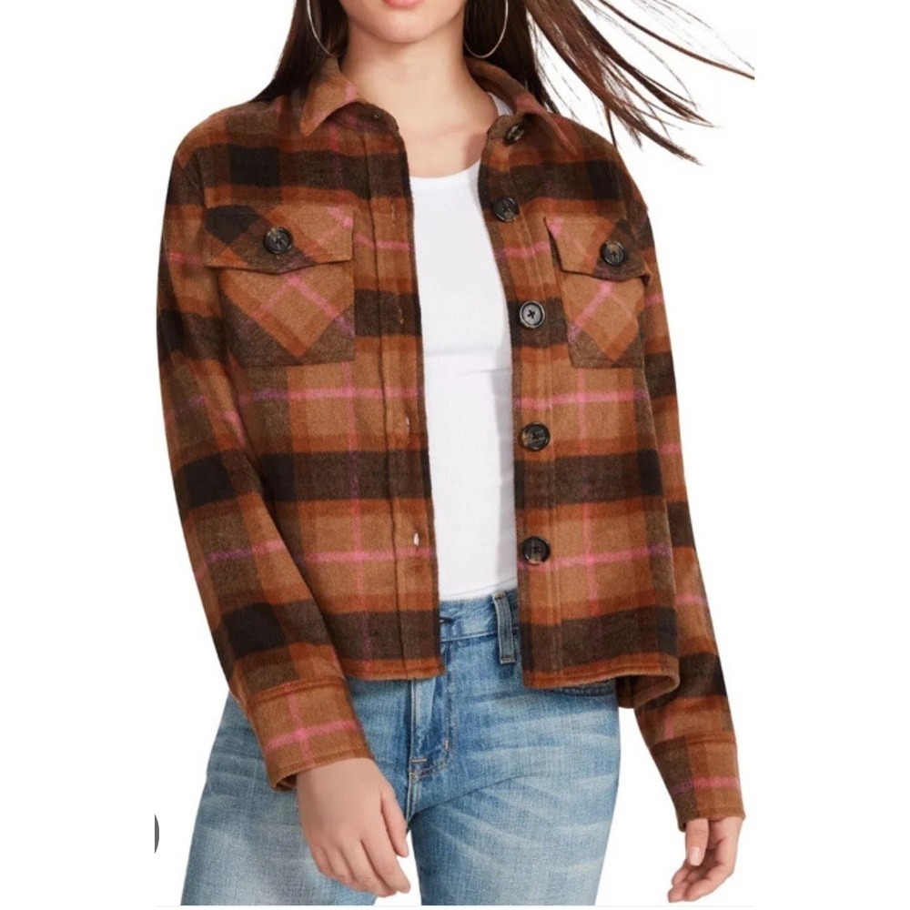 BB Dakota Steve Madden‎ Plaid Jacket Brown Pink Button Down XL